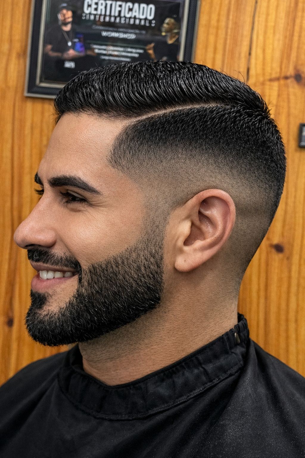Fade alto com barba cheia e alinhada